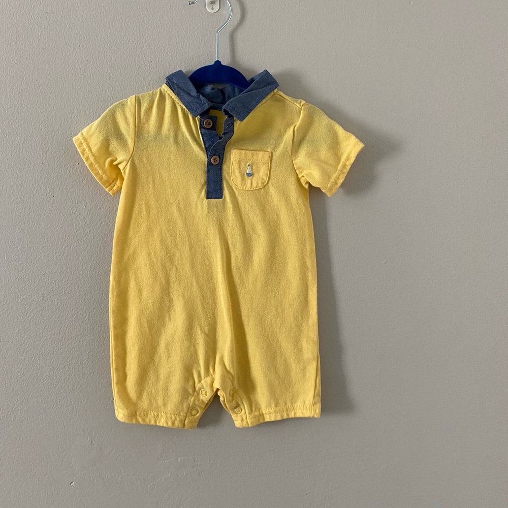 NWOT Yellow Baby Romper with Blue Collar